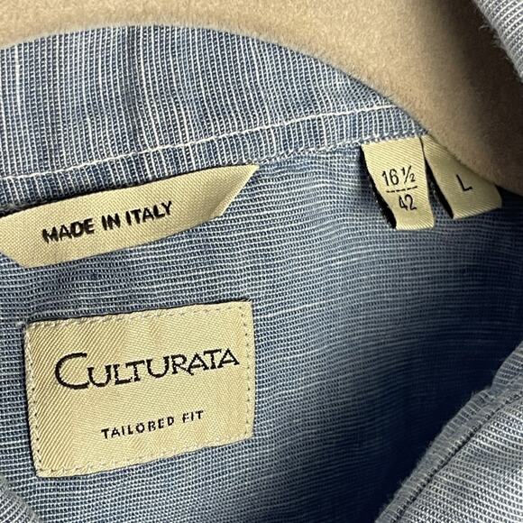 Culturata Linen Blend Western Shirt Men Large 16.5 42 Blue Faded Pearl Snap Itay - Picture 6 of 13